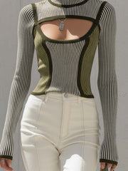 Color-blocked Knitted Openwork Turtleneck Sweater