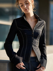 Chic Denim Style Blazer Shirt With Contrast Stitching