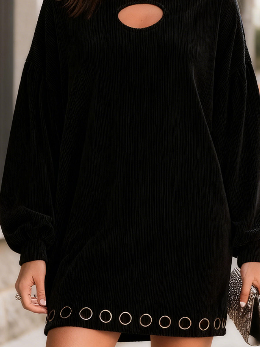 Edgy Black Corduroy O-Ring Detail Mini Dress