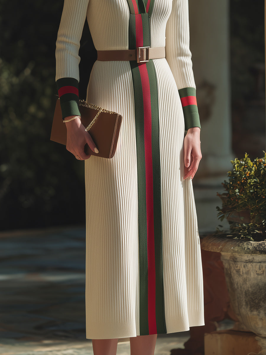 Contrast Trim Belted Ribbed Knit Maxi Dress