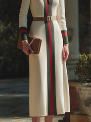 Contrast Trim Belted Ribbed Knit Maxi Dress