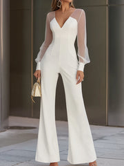 White Mesh-Sleeve Tailored Jumpsuit