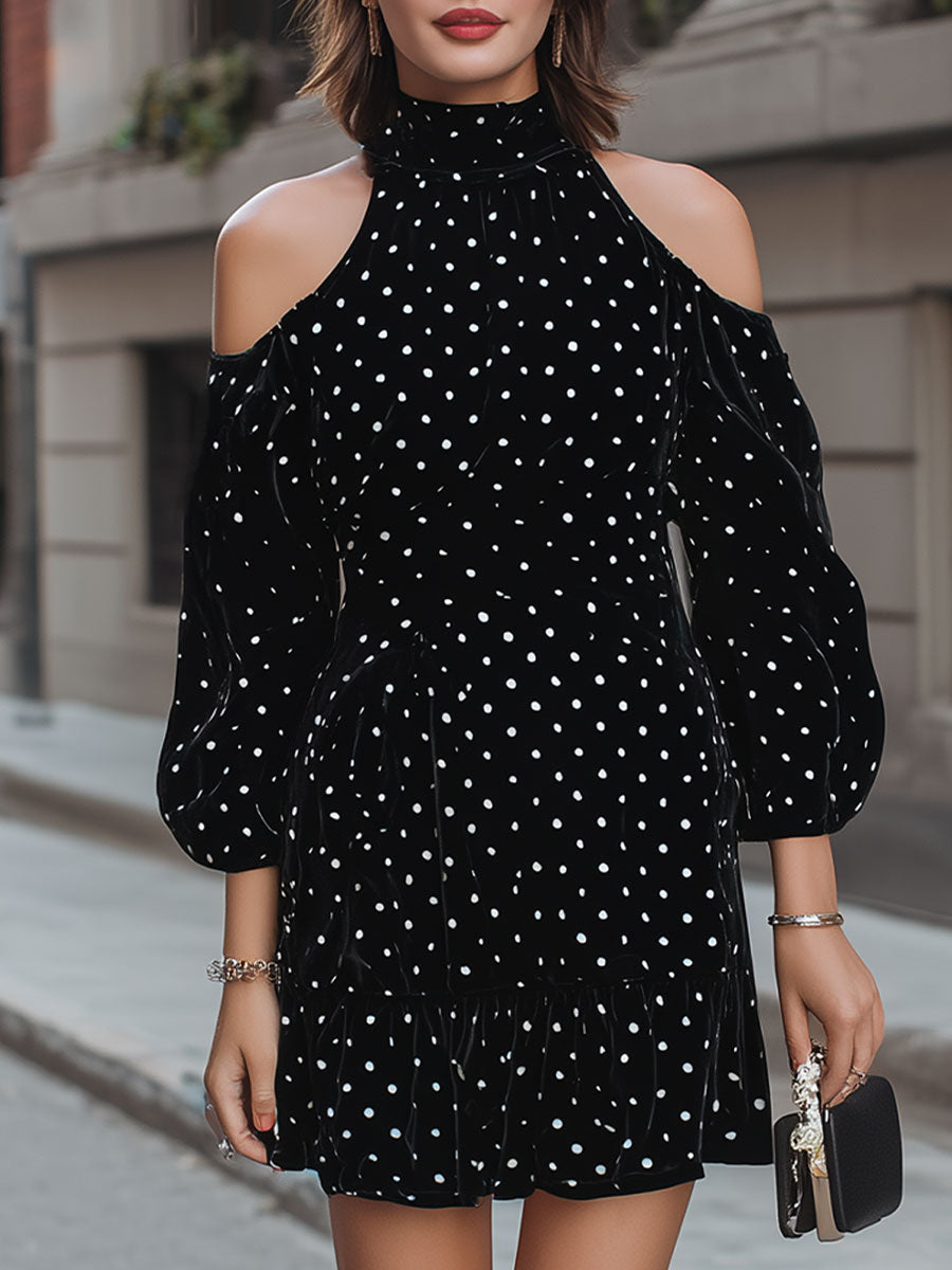 Chic Black Polka Dot Velvet Cold-Shoulder Mini Dress
