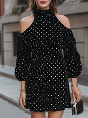 Chic Black Polka Dot Velvet Cold-Shoulder Mini Dress