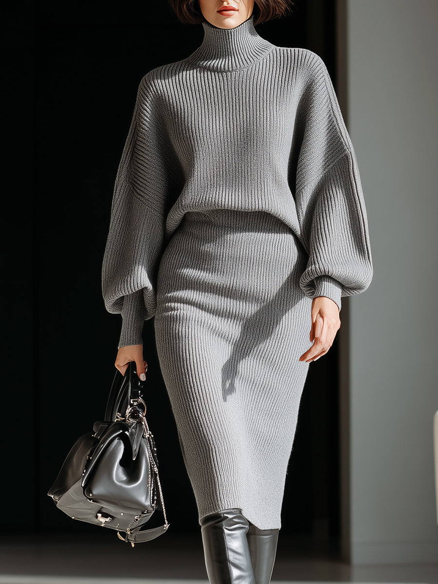 Gray Ribbed Turtleneck Batwing Sweater Dress