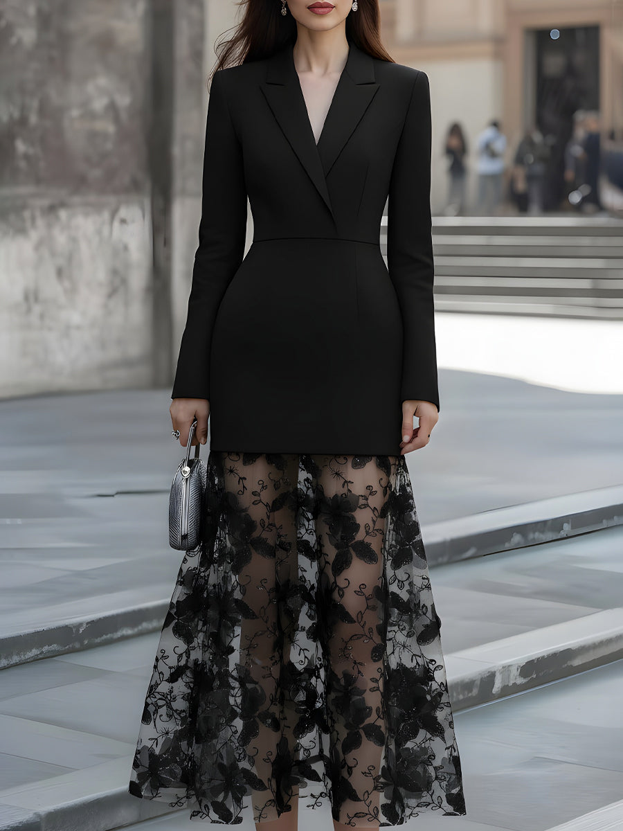 Blazer-Style Dress With Embroidered Sheer Lace Skirt