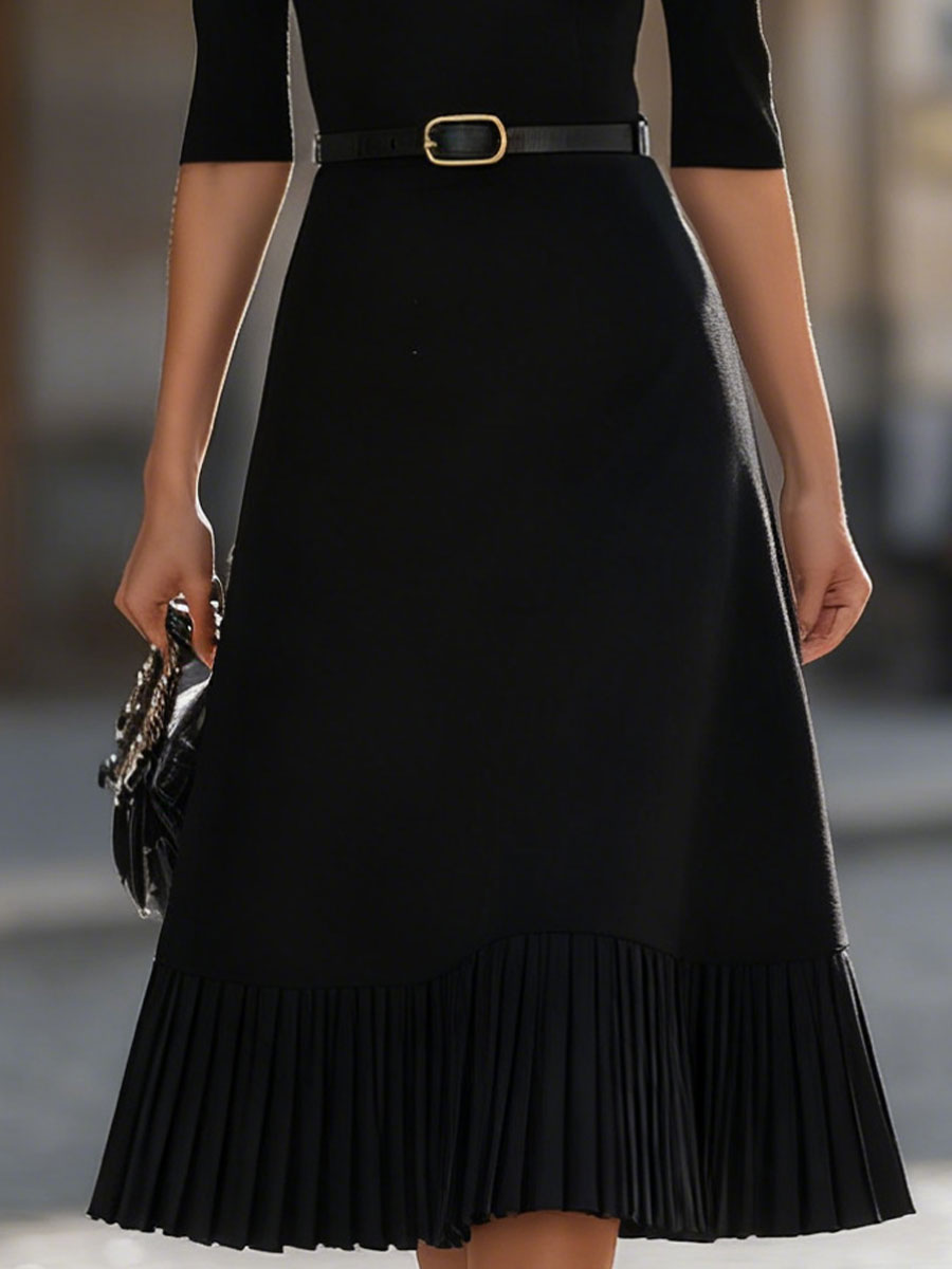 Timeless Black Mock Neck Pleated Midi Dress