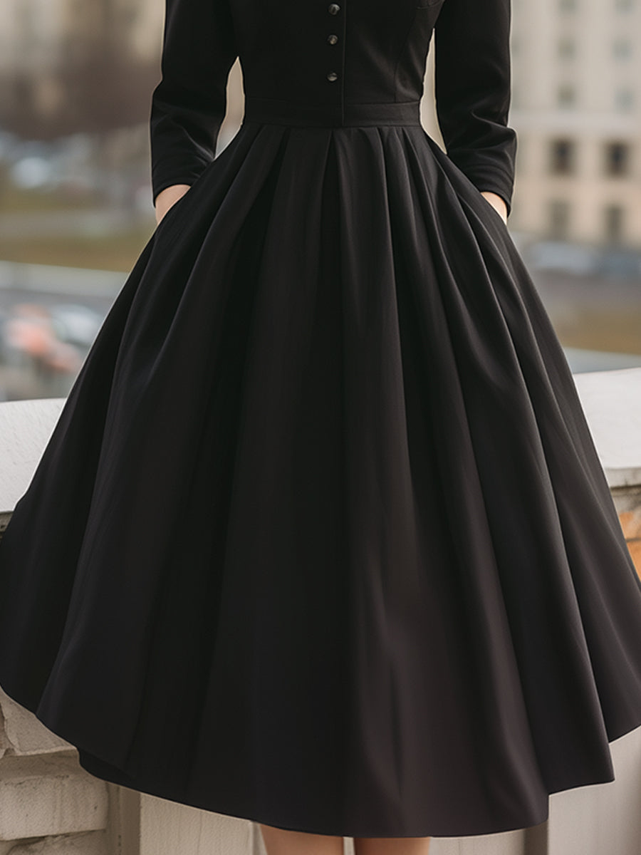Elegant Band Collar Buttoned Midi Dress
