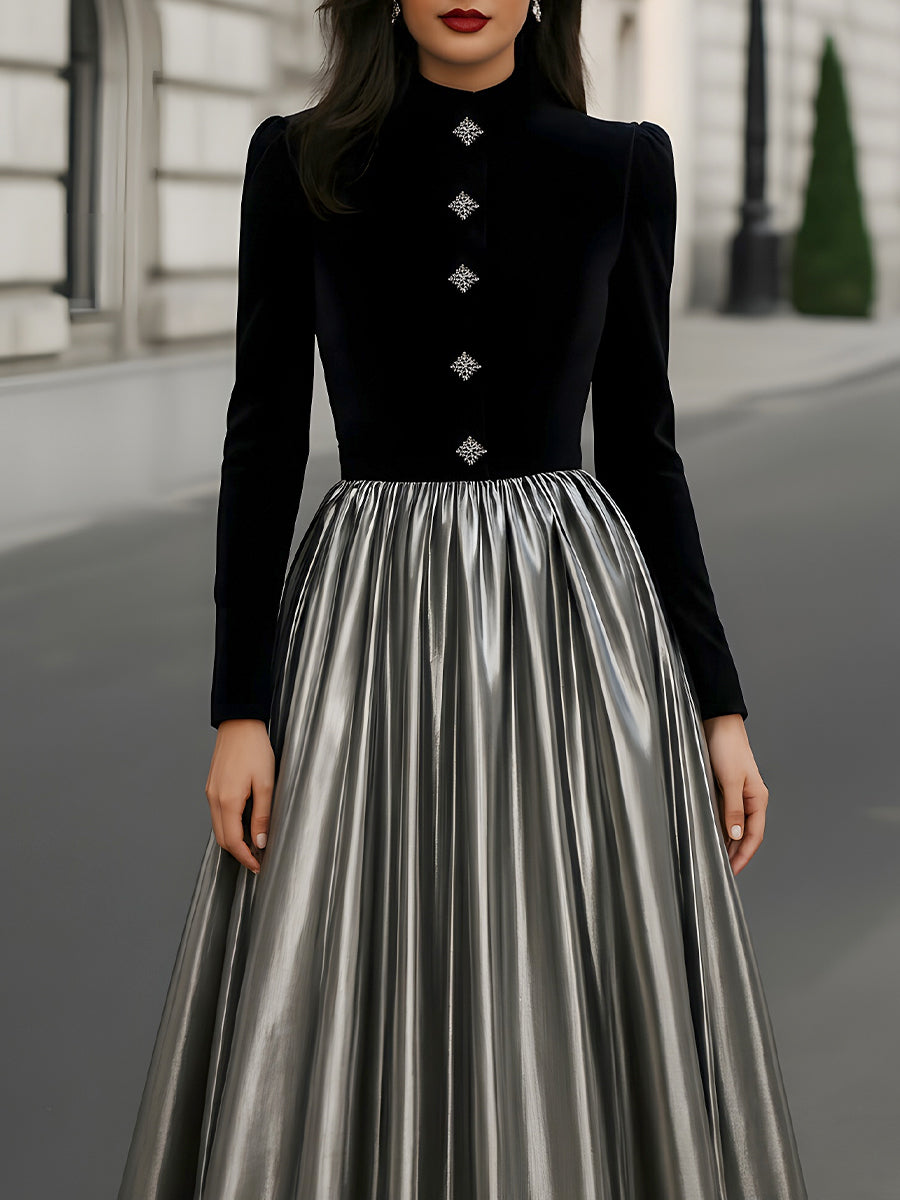 Velvet Button Font Pleated Evening Dress