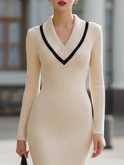 Elegant Beige Ribbed Contrast-Trim V-Neck Midi Dress