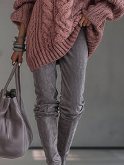 Pink Washed Vintage Cable Knit Oversized V-Neck Sweater