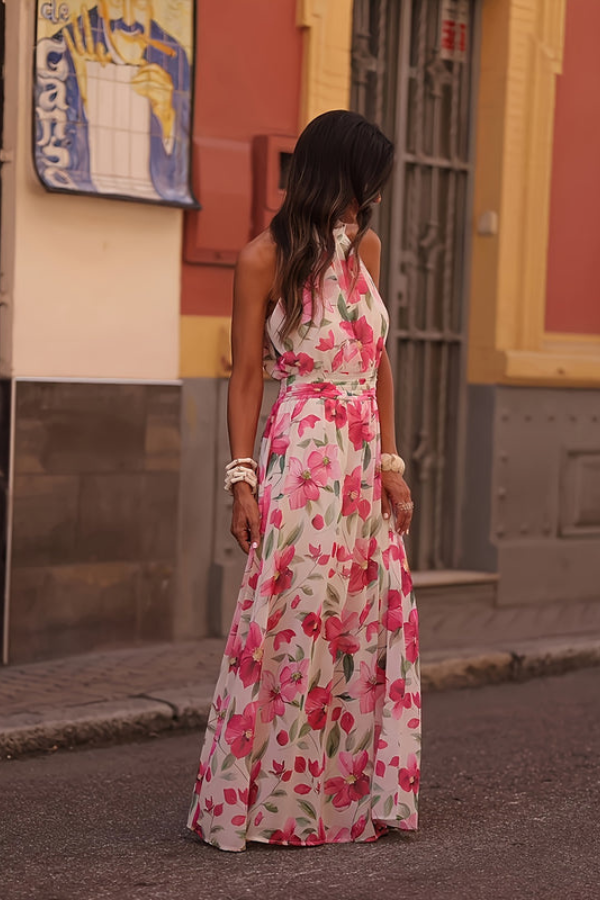 Tropical Halter Neck Keyhole Maxi Dresses