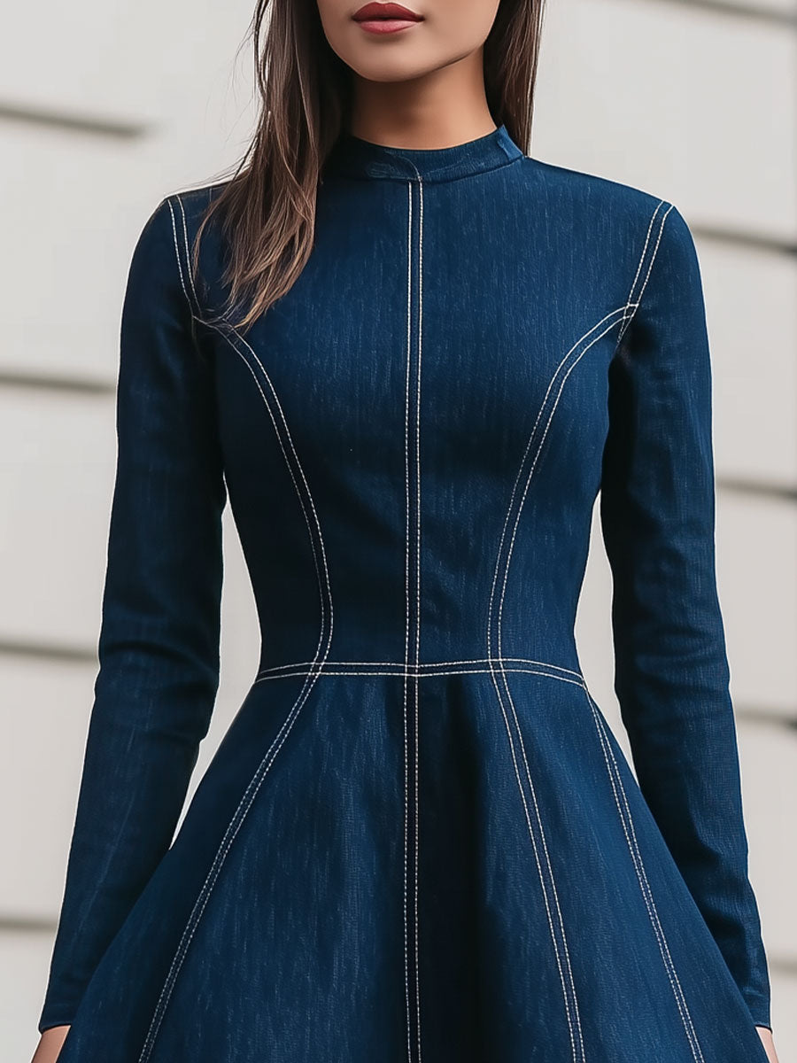 Chic Navy Denim Contrast-Stitch Mini Dress