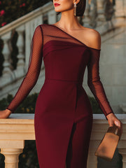 Burgundy One-Shoulder Midi Dress With Sheer Mesh Sleeves
