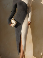 Asymmetrical Off-Shoulder Colorblock Ribbed Midi Dress