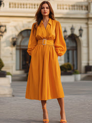 V-Neckline Belted Long-Sleeve A-Line Midi Dress