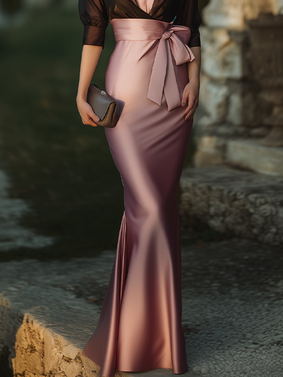 Elegant Draped Evening Gown With Sheer Shawl Overlay