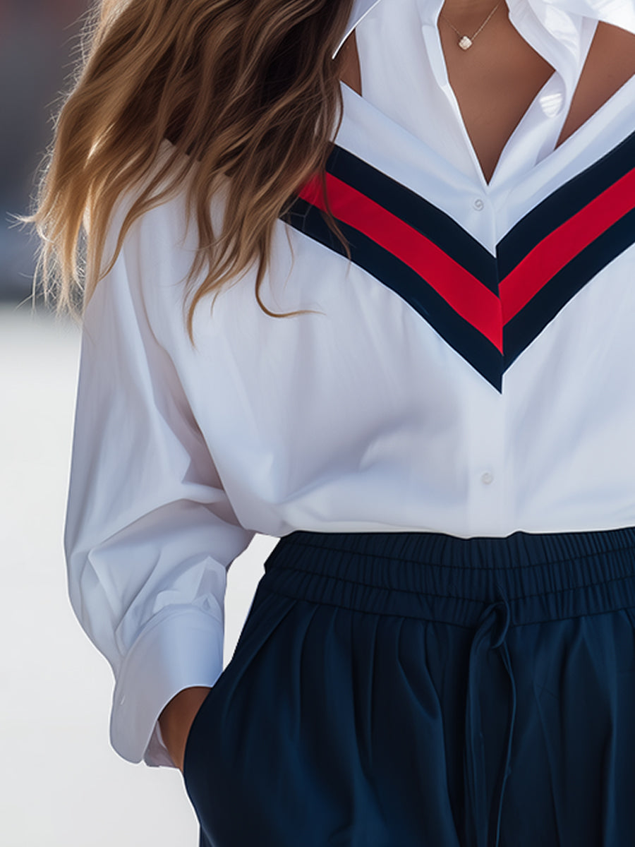 Stylish V-Neck Striped Contrast Blouse