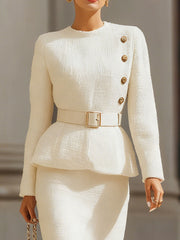 Cream Tweed Peplum Jacket & Pencil Skirt Set With Gold Accents
