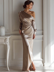 One-Shoulder Champagne Satin Draped Maxi Dress