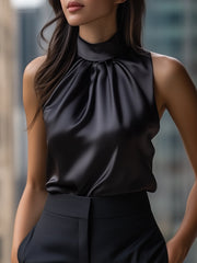 Black Satin High Neck Sleeveless Blouse