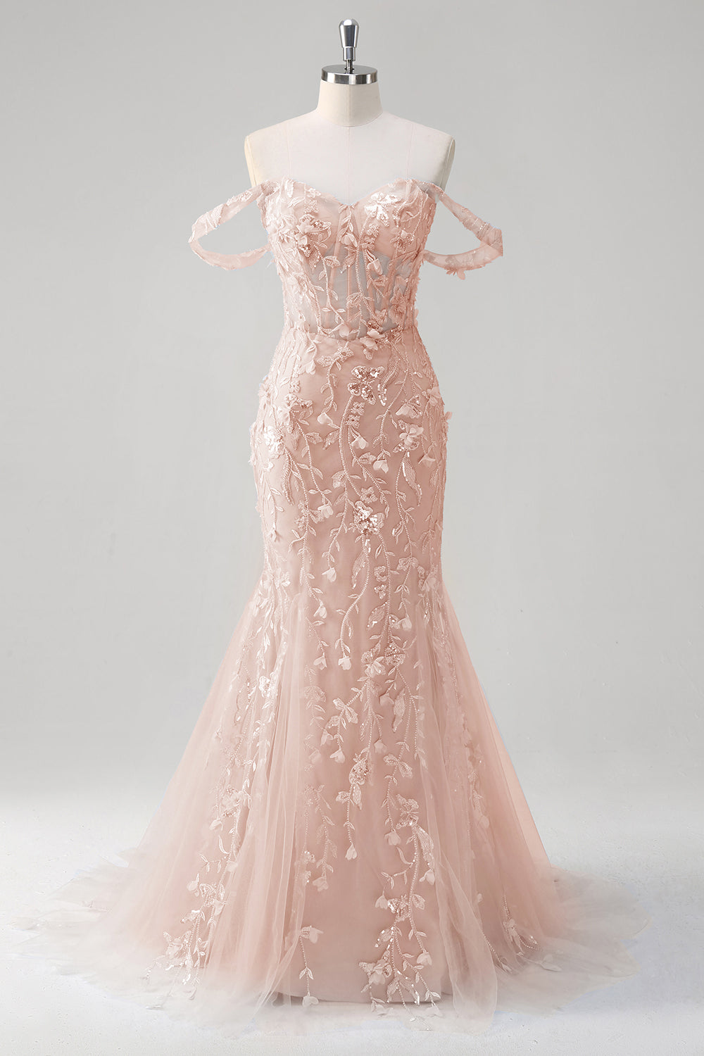 Blue Mermaid Off the Shoulder Sequin Floral Corset Prom Dress