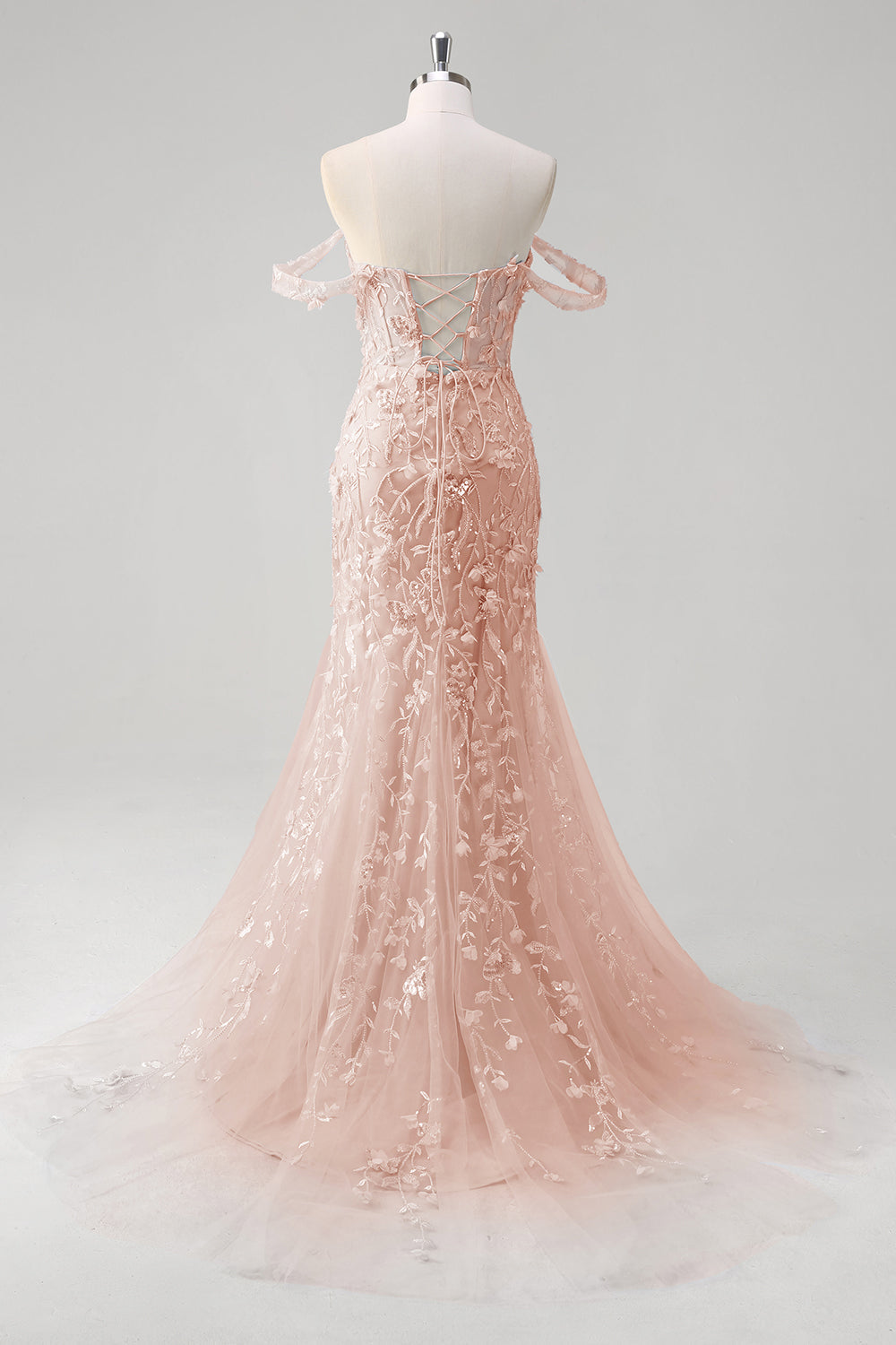 Blue Mermaid Off the Shoulder Sequin Floral Corset Prom Dress