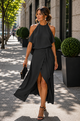 Elegant Off-Shoulder Midi Dress with Asymmetrical Hemline