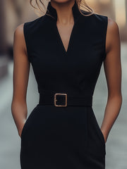 Refined Sleeveless Black Belted Sheath Dress with Mandarin Collar