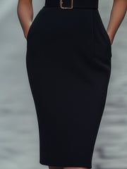 Refined Sleeveless Black Belted Sheath Dress with Mandarin Collar