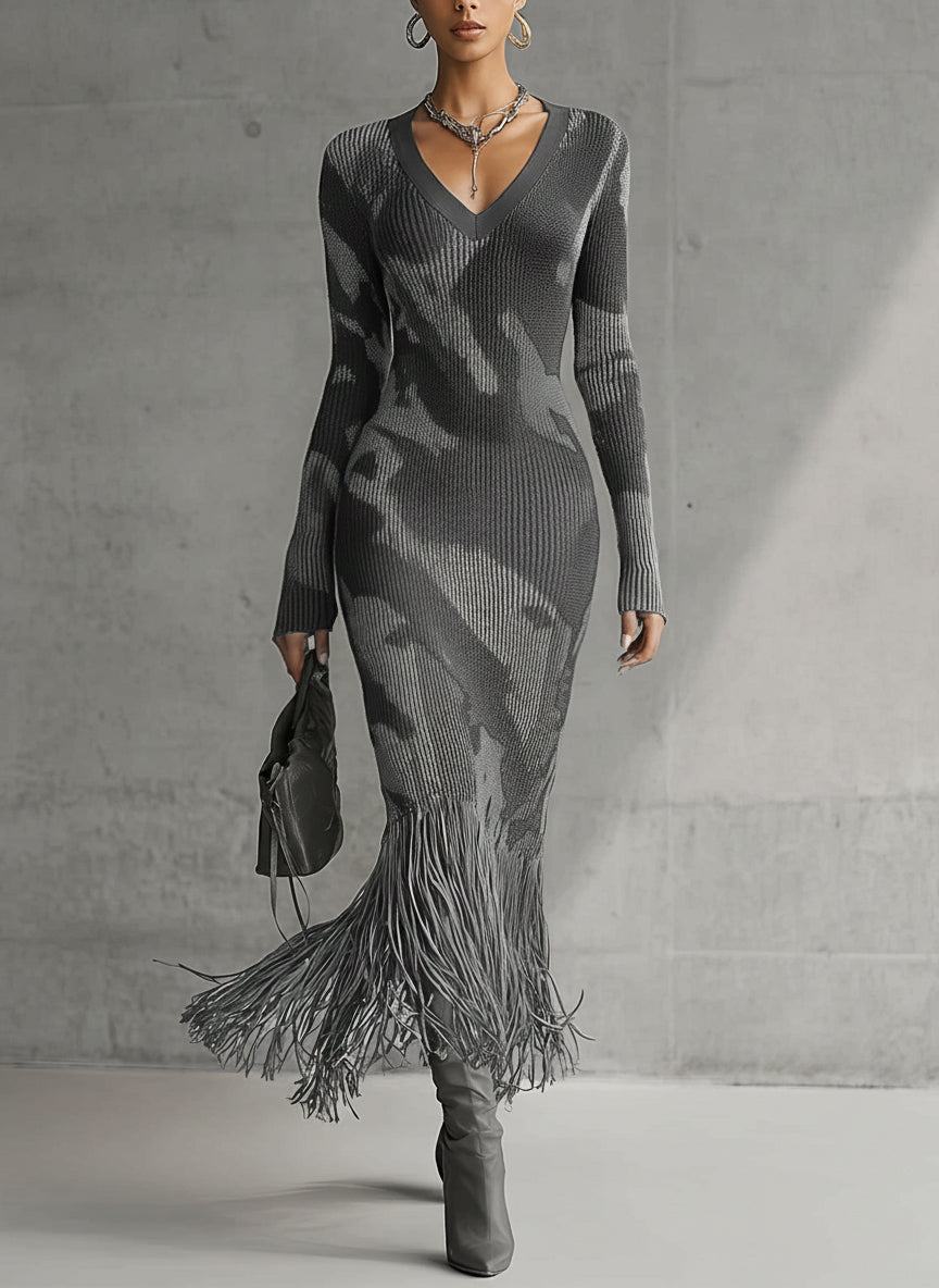 Yohers Olive Camo Knit V-Neck Fringe Hem Bodycon Dress
