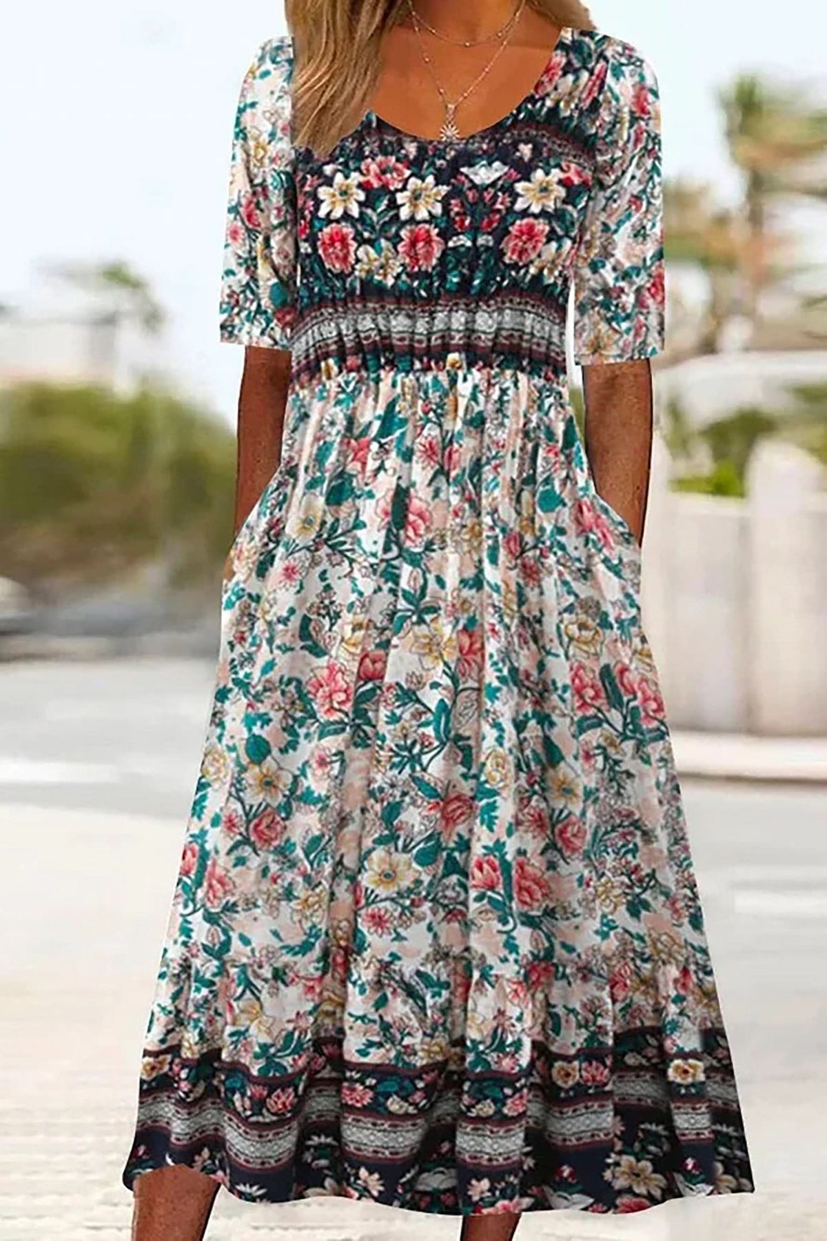 Boho Colorblock Floral Maxi Dress With Pockets