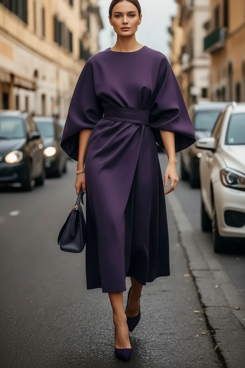 Wide Sleeve Belted Wrap Midi Dress
