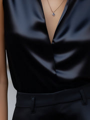 Sleek Black Satin Sleeveless Blouse