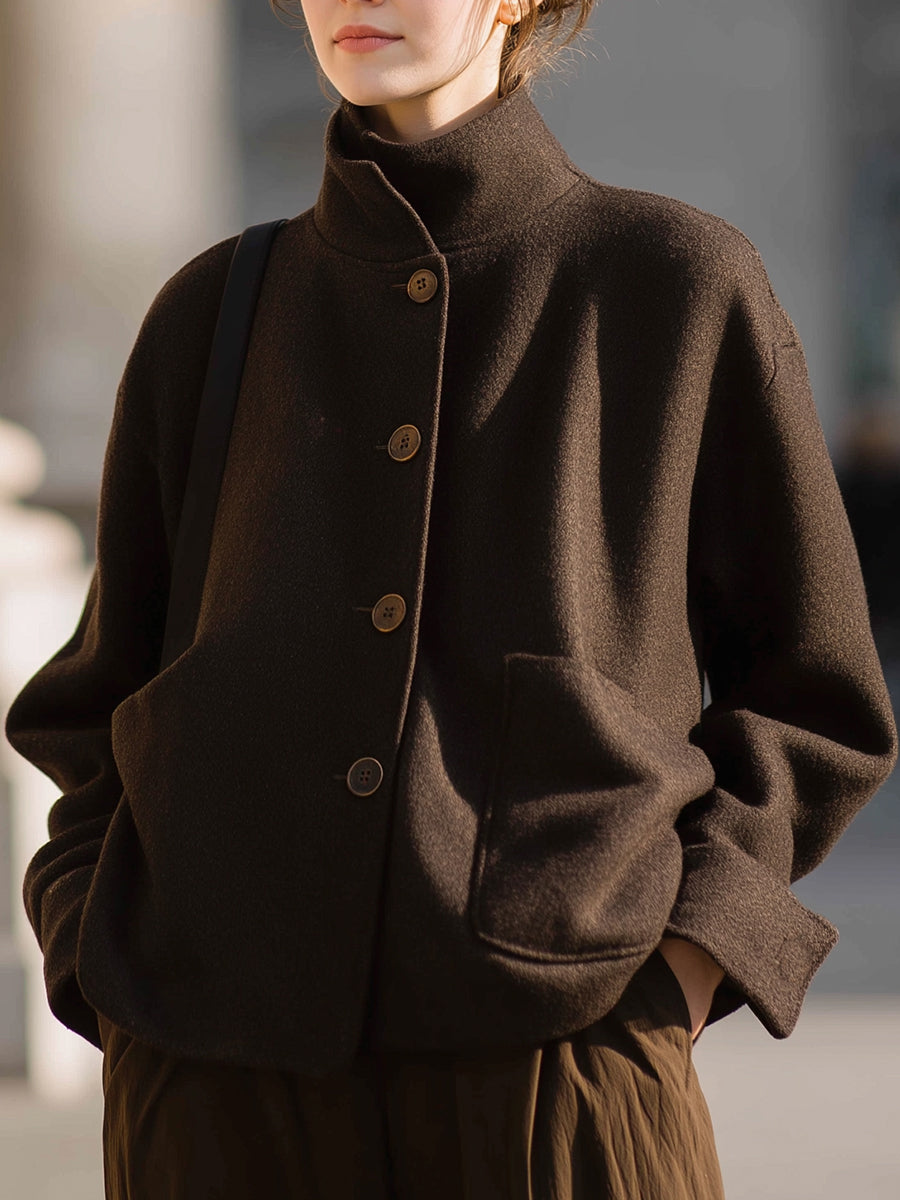 Minimalist Brown Wool Stand-Collar Jacket