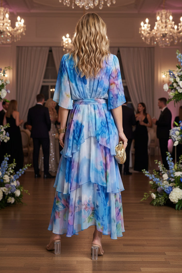 Sheer Layered V-Neck Tie Waist Maxi Dress