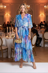 Sheer Layered V-Neck Tie Waist Maxi Dress