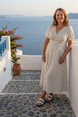 V-Neck Cross Waist Striped Midi Dress