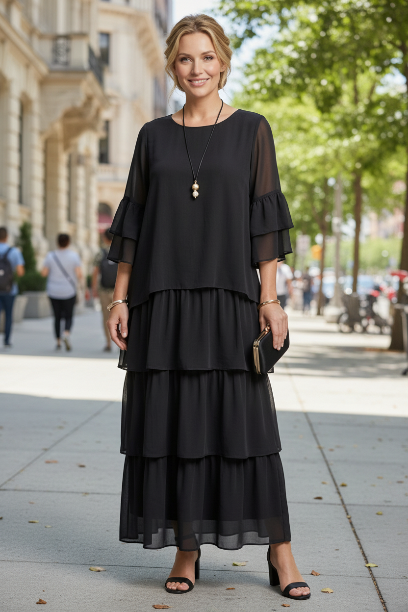 Tiered Maxi Dress with Round Neck