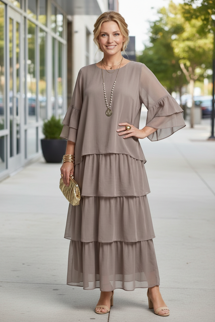 Tiered Maxi Dress with Round Neck