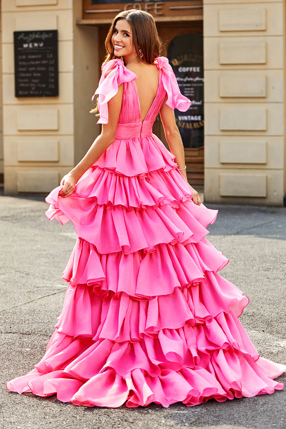 Princess A-Line V-Neck Fuchsia Tiered Prom Dress With Slit