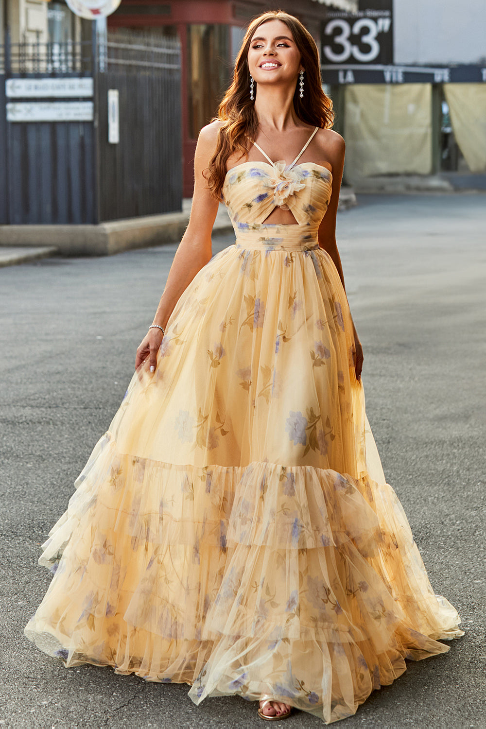 Yellow A-Line Halter Pleated Tulle Tiered Long Prom Dress With Embroidery