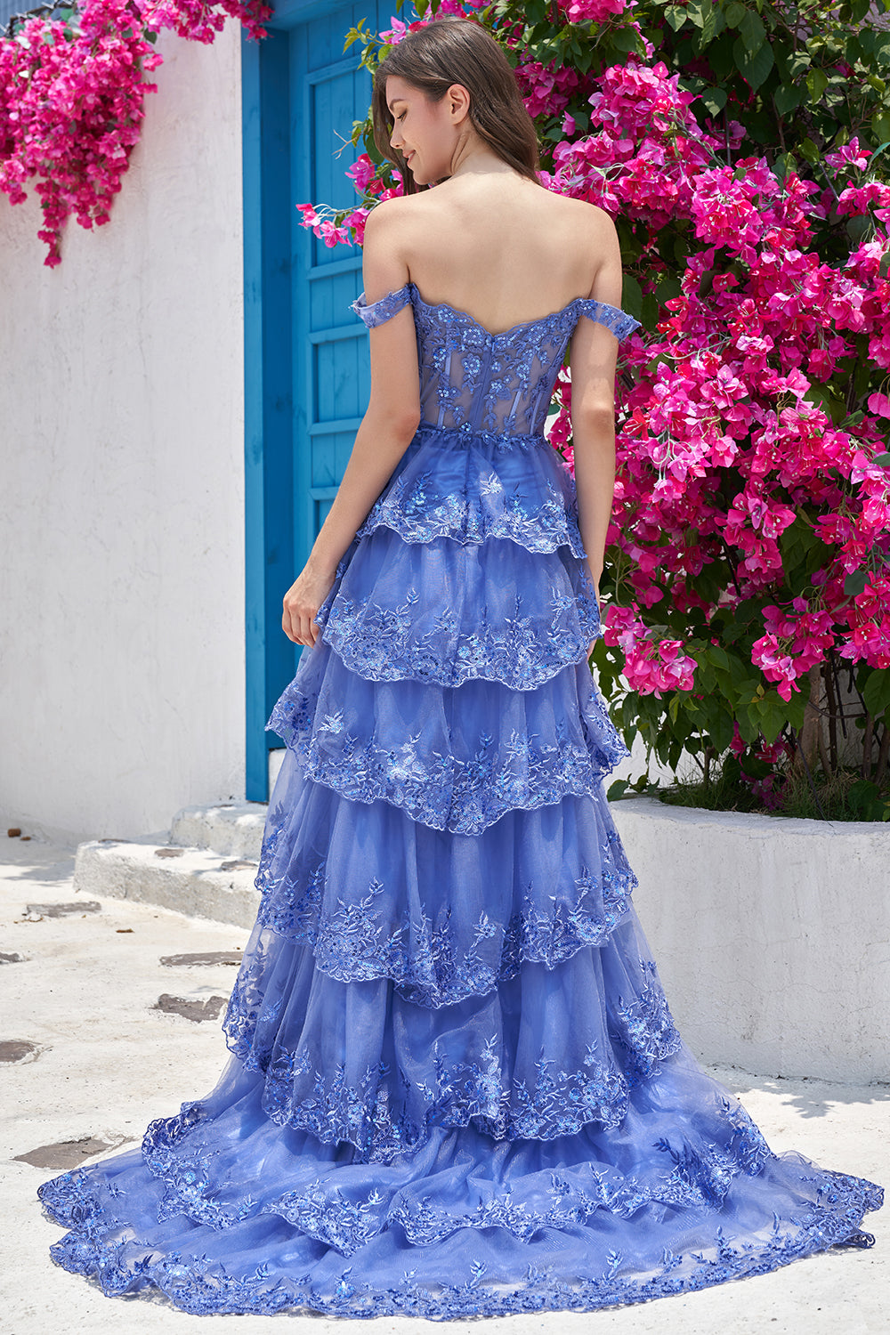 Princess A Line Off the Shoulder Dark Blue Long Prom Dress with Appliques