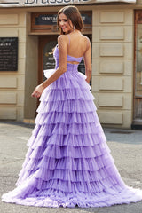 Purple Tulle A-Line Tiered Long Prom Dress with Slit
