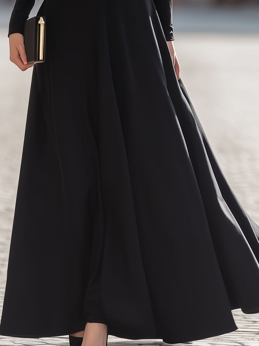 Black Long Sleeve Zip-Front Maxi Dress - Timeless Elegance For Formal Glamour