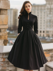 Elegant Band Collar Buttoned Midi Dress
