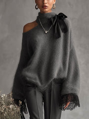 Gray Mohair Knit Sweater With Lace Cuffs