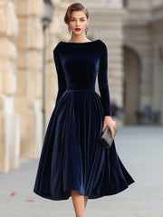 Velvet Midi Dress With Sculpted Off-Shoulder Collar