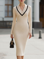 Elegant Beige Ribbed Contrast-Trim V-Neck Midi Dress