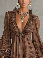 Brown Pleated Ruffle Blouse With Deep V-Neck And Flared Hem